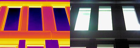 Fragment elewacji budynku wielokondygnacyjnego zarejestrowany z dużej odległości kamerą FLIR T620bx