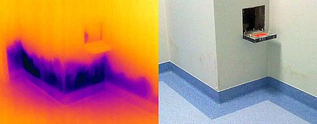 Zawilgocenie ściany niewidoczne gołym okiem, zarejestrowane kamerą termowizyjną FLIR T620bx Zawilgocenie ściany niewidoczne gołym okiem, zarejestrowane kamerą termowizyjną FLIR T620bx