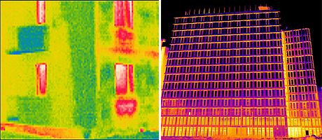 Porównanie termogramów elewacji budynku w rozdzielczości 160x120 i 1280x960 pikseli Porównanie termogramów elewacji budynku w rozdzielczości 160x120 i 1280x960 pikseli